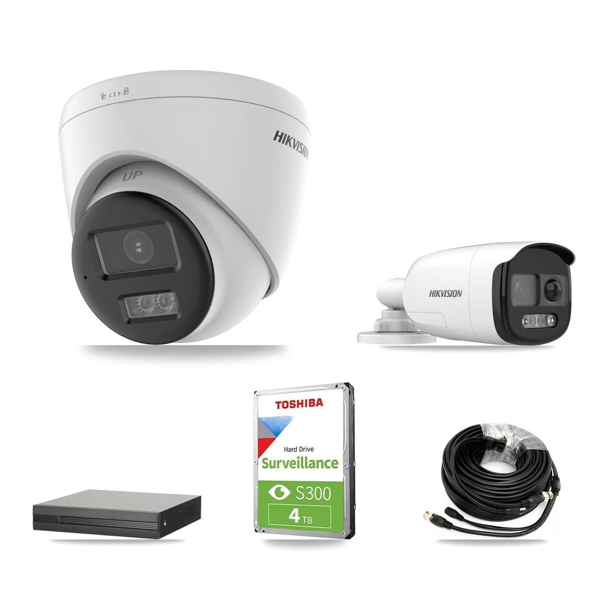Hikvision 4-Channel 5MP CCTV Kit — 1 DS-2CE12KF3T-PIRXO Bullet + 2 DS-2CE78K0T-LTS Turret Cameras + 4TB Recording (XVR-3104HS-5MP-LITE Recorder) - Image 1