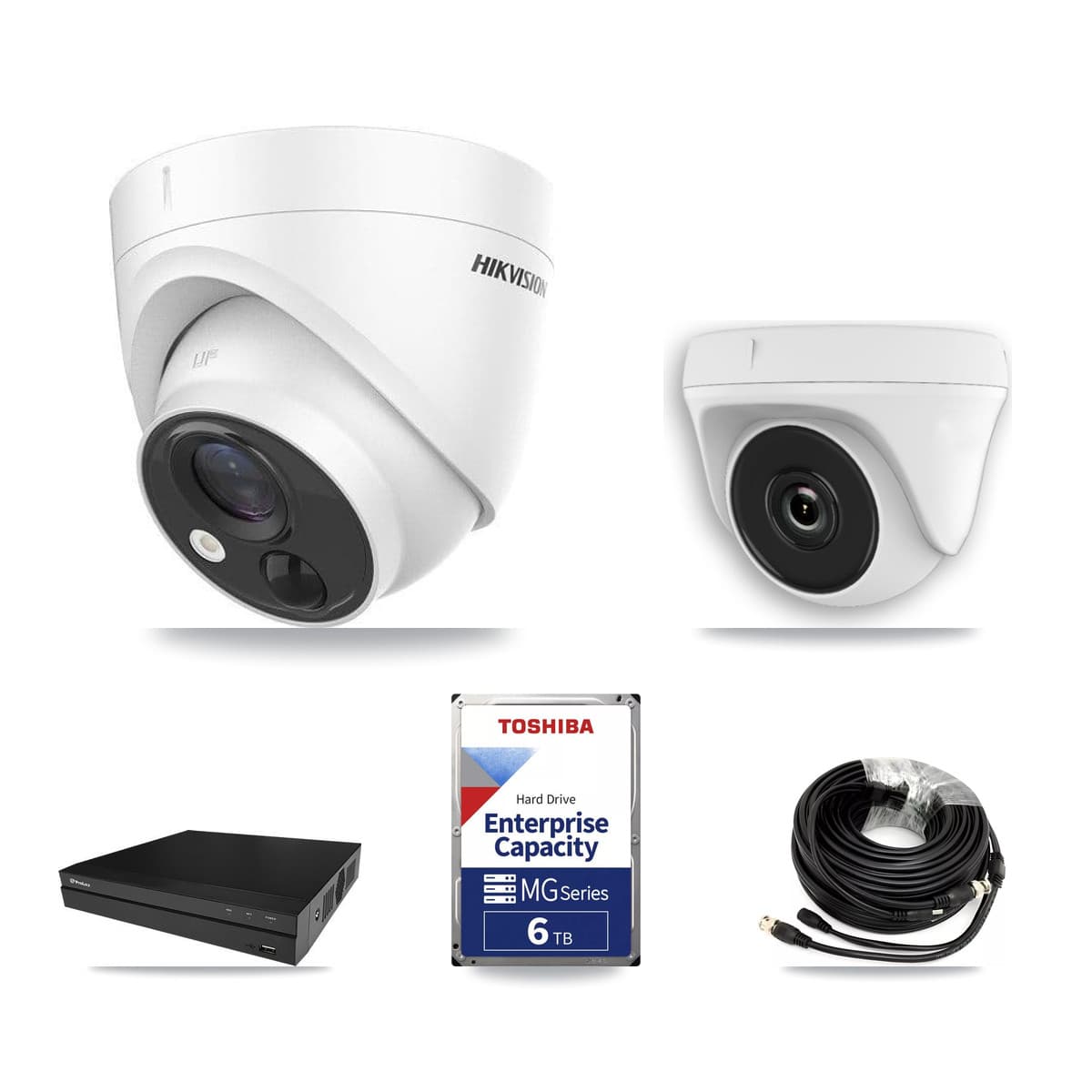 Hikvision & Prolux 8-Channel 2MP – 5MP CCTV Kit — 4 DS-2CE71H0T 5MP Turret + 1 White HDT-2MP-N20W 2MP Dome Cameras + 6TB Recording - Image 1