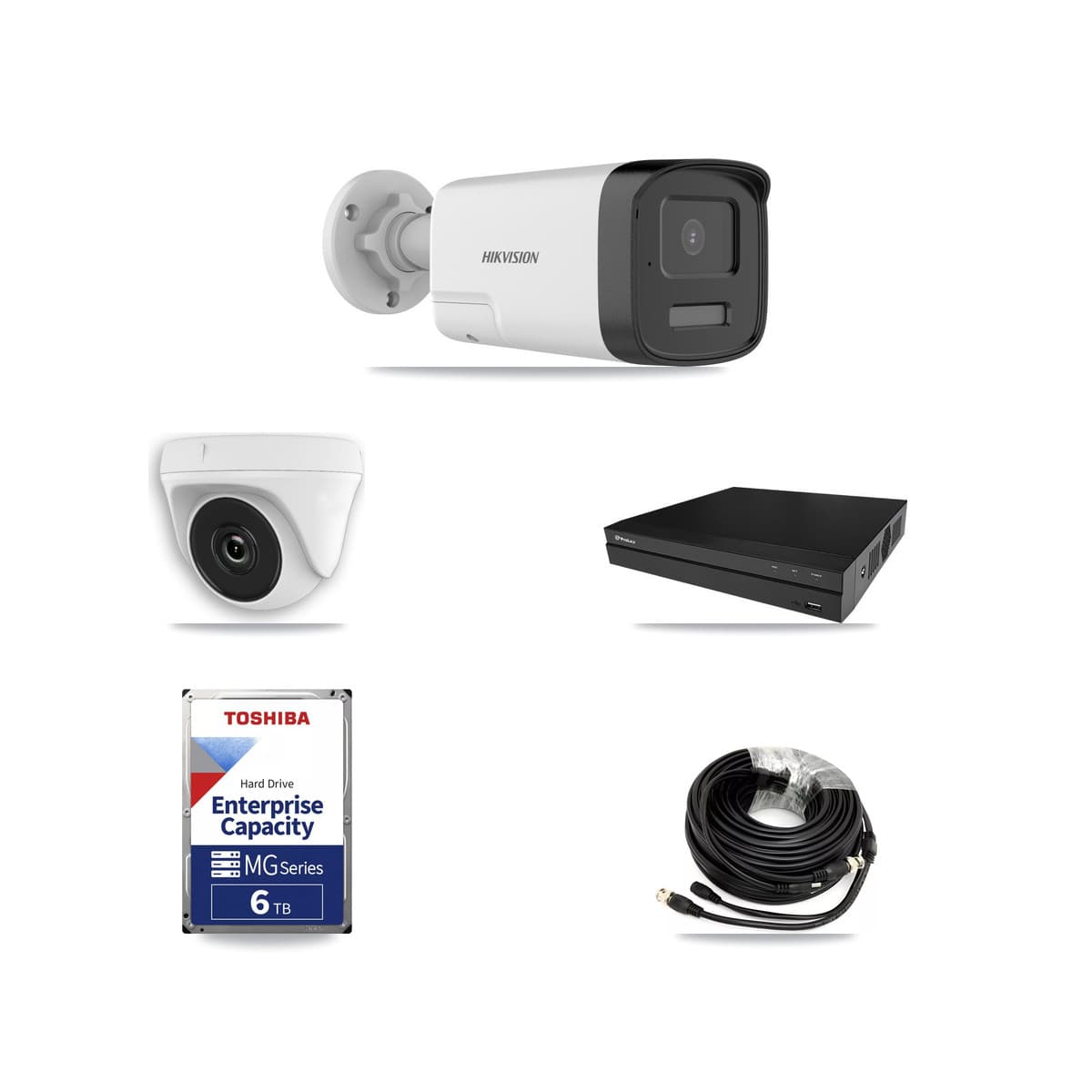 Hikvision & Prolux 8-Channel 2MP – 5MP CCTV Kit — 3 DS-2CE17K0T 5MP Bullet + 3 White HDT-2MP-N20W 2MP Dome Cameras + 6TB Recording (PXD-5208AN Recorder) - Image 1