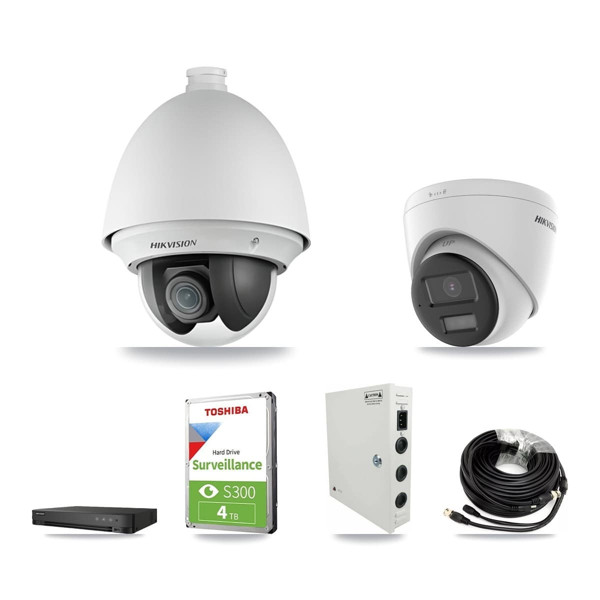 Hikvision 8-Channel 2MP – 5MP CCTV Kit — 2 DS-2AE4225T-A 2MP PTZ + 2 DS-2CE78K0T-LPTS 5MP Turret Cameras + 4TB Recording (IDS-7208HQHI-M1/XT Recorder) - Image 1