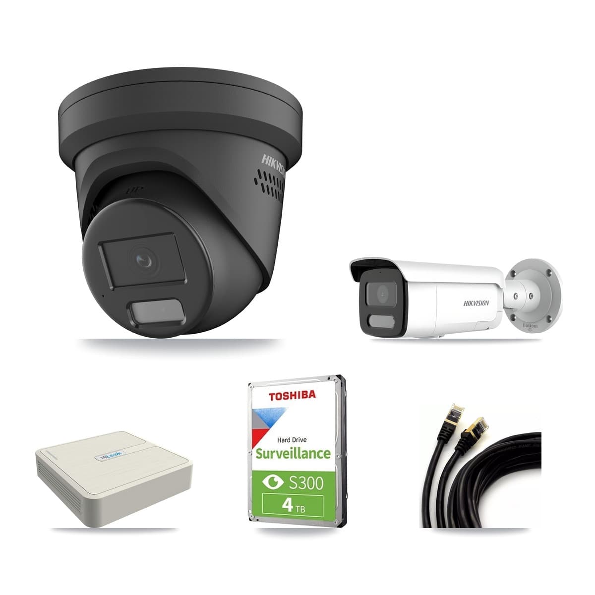 Hikvision & HiLook 8-Channel 4MP CCTV Kit — 1 Black Turret + 1 Bullet Cameras + 4TB Recording
