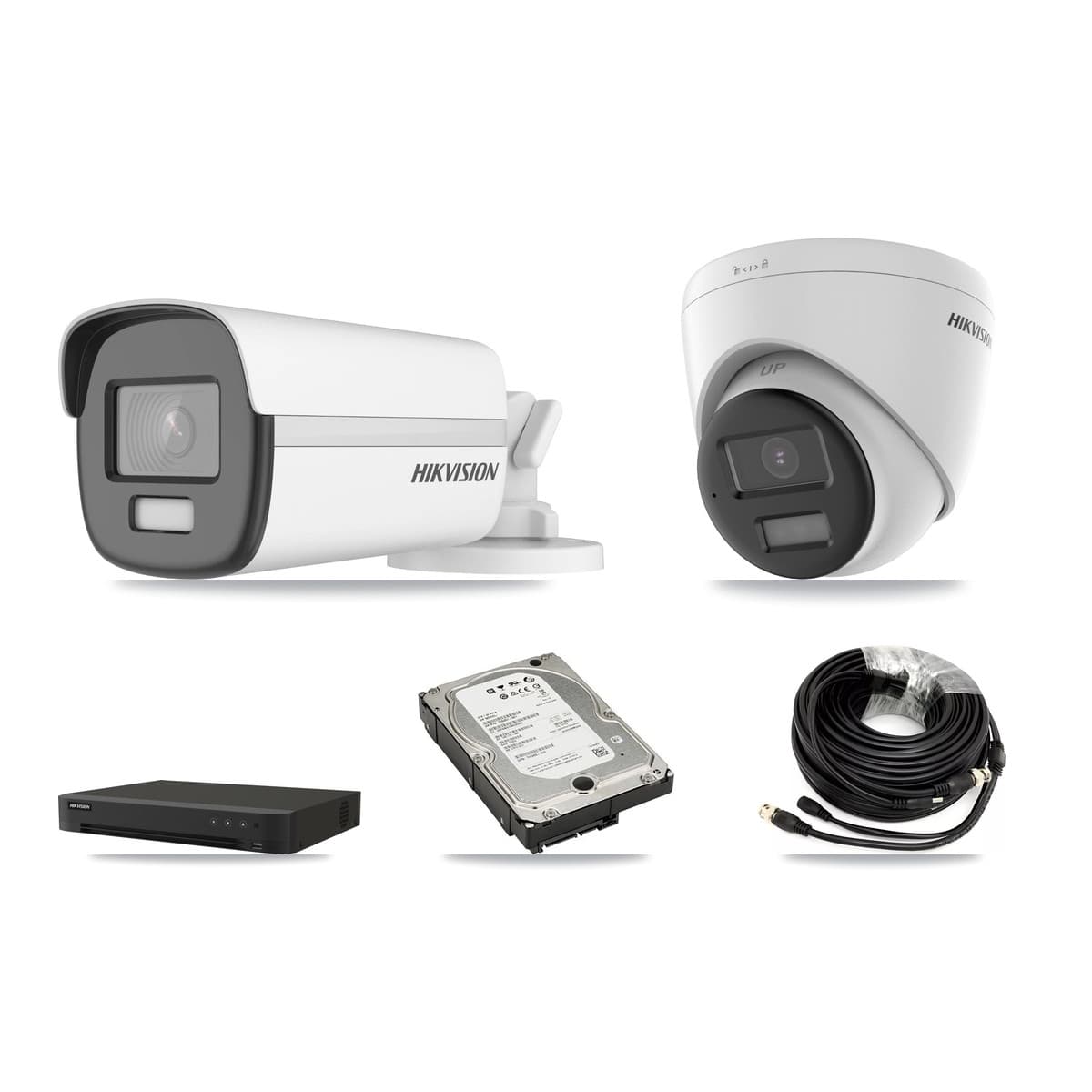 Hikvision 8-Channel 4K CCTV Kit — 1 DS-2CE12UF3T-E Bullet + 1 DS-2CE78U0T-LPTS Turret Cameras + 5TB Recording (IDS-7208HUHI-M1/XT Recorder) - Image 1