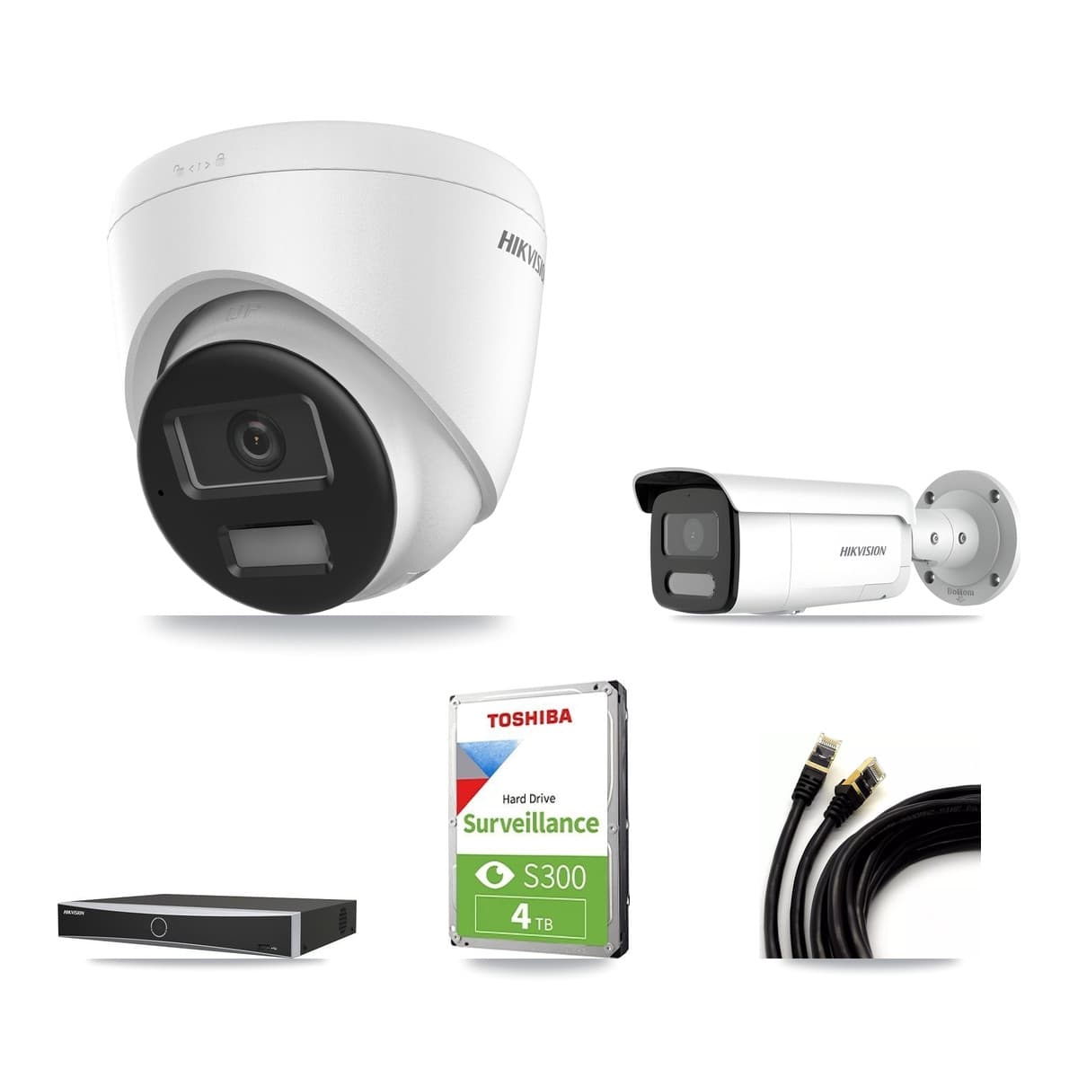 Hikvision 4-Channel 4MP – 4K CCTV Kit — 1 DS-2CD1383G2-LIU 4K Turret + 1 DS-2CD2T47G2H-LISU/SL 4MP Bullet Cameras + 4TB Recording (DS-7604NXI-K1/4P Recorder)