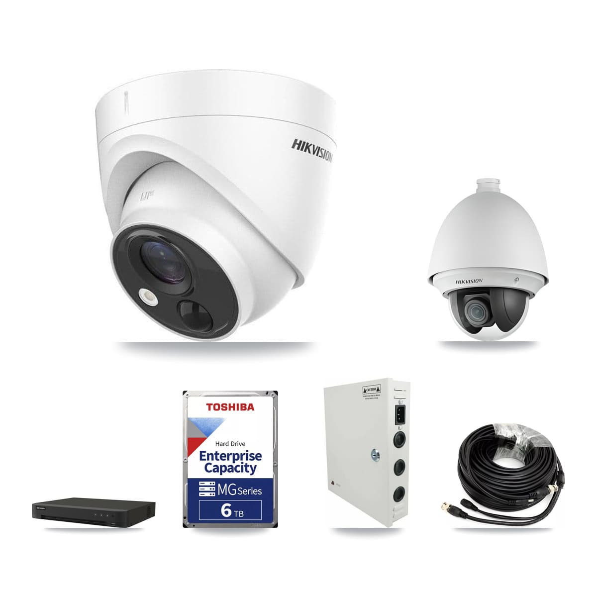 Hikvision 8-Channel 2MP – 5MP CCTV Kit — 1 DS-2AE4225T-A 2MP PTZ + 4 DS-2CE71H0T-PIRLO 5MP Turret Cameras + 6TB Recording (IDS-7208HUHI-M1/XT Recorder) - Image 1