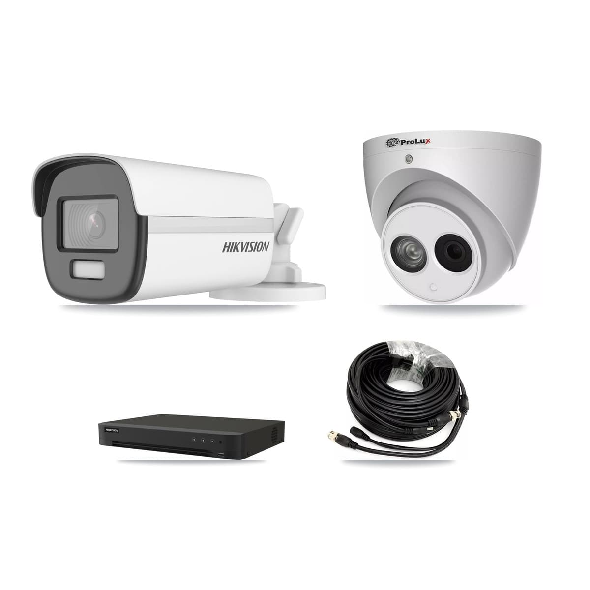 Hikvision & Prolux 8-Channel 4MP – 4K CCTV Kit — 2 DS-2CE12UF3T-E 4K Bullet + 2 PXC-612C4W-A-POC 4MP Turret Cameras + 8TB Recording (IDS-7208HUHI-M1/XT Recorder) - Image 1