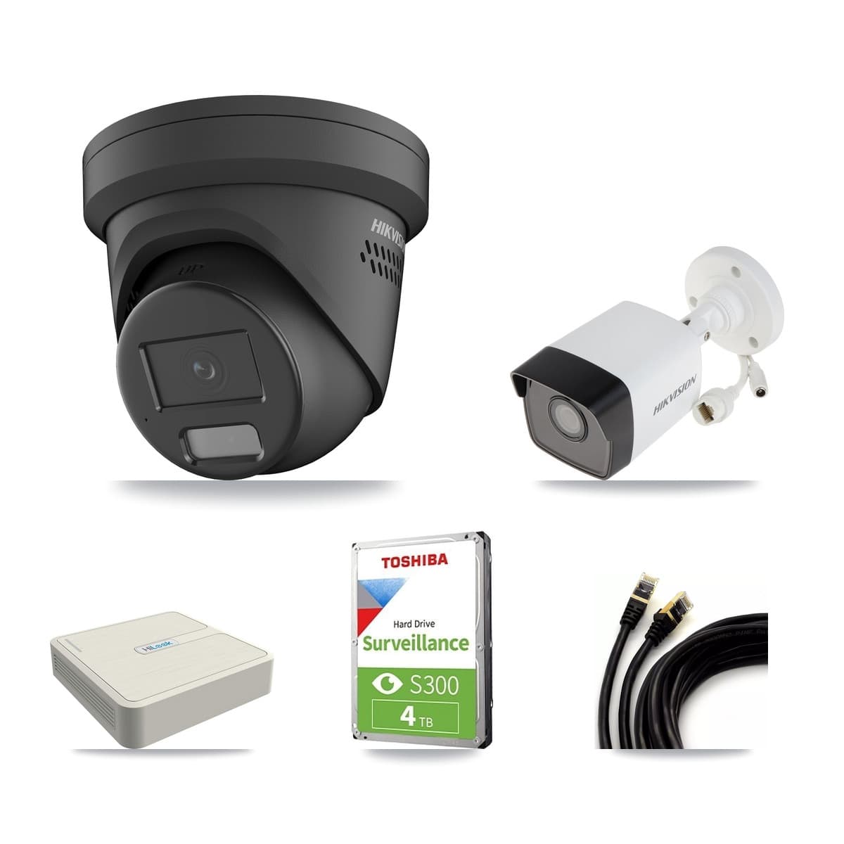 Hikvision & HiLook 8-Channel 4MP – 5MP CCTV Kit — 1 5MP Bullet + 2 Black 4MP Turret Cameras + 4TB Recording