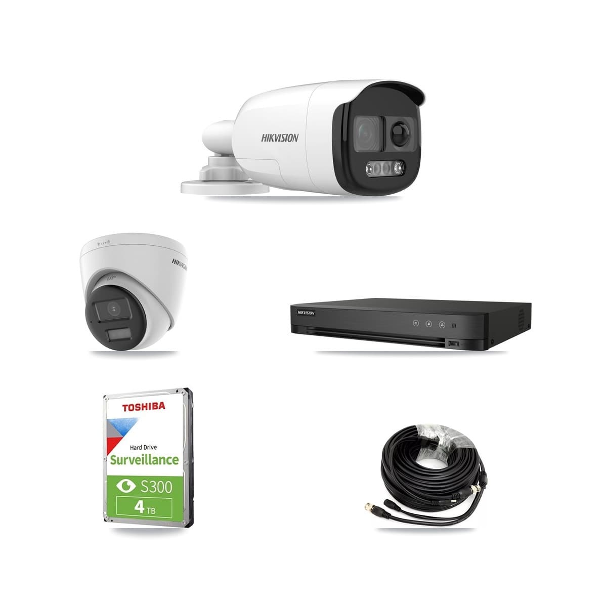 Hikvision 4-Channel 5MP – 4K CCTV Kit — 1 DS-2CE12KF3T 5MP Bullet + 1 DS-2CE78U0T 4K Turret Cameras + 4TB Recording (IDS-7204HUHI Recorder)
