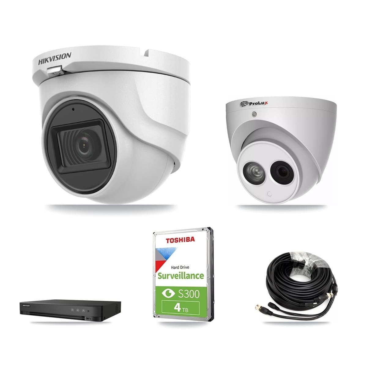 Hikvision & Prolux 4-Channel 4MP – 5MP CCTV Kit — 1 DS-2CE76H0T 5MP + 1 PXC-612C4W-A 4MP Turret Cameras + 4TB Recording (IDS-7204HQHI Recorder)