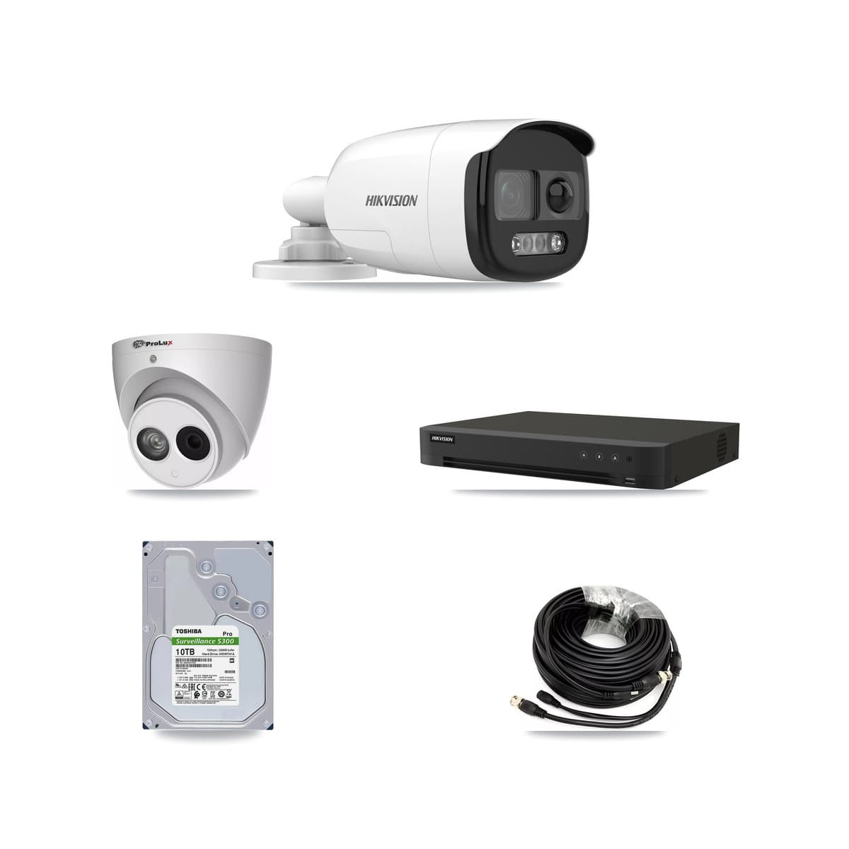 Hikvision & Prolux 8-Channel 4MP – 5MP CCTV Kit — 7 DS-2CE12KF3T-PIRXO 5MP Bullet + 1 PXC-612C4W-A-POC 4MP Turret Cameras + 10TB Recording (IDS-7208HUHI-M1/XT Recorder) - Image 1