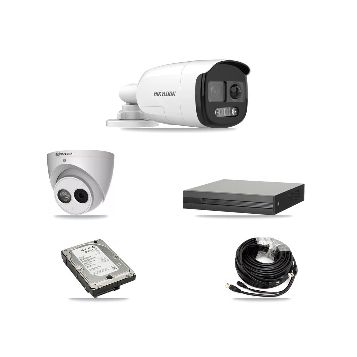 Hikvision & Prolux 4-Channel 4MP – 5MP CCTV Kit — 3 DS-2CE12KF3T 5MP Bullet + 1 PXC-612C4W-A 4MP Turret Cameras + 5TB Recording (XVR-3104HS Recorder)