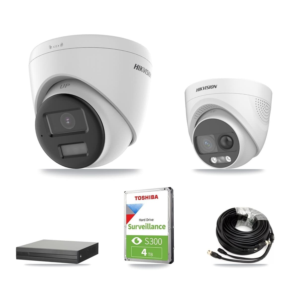 Hikvision 4-Channel 5MP CCTV Kit — 1 DS-2CE72KF3T-PIRXO + 2 DS-2CE78K0T-LPTS Turret Cameras + 4TB Recording (XVR-3104HS-5MP-LITE Recorder) - Image 1