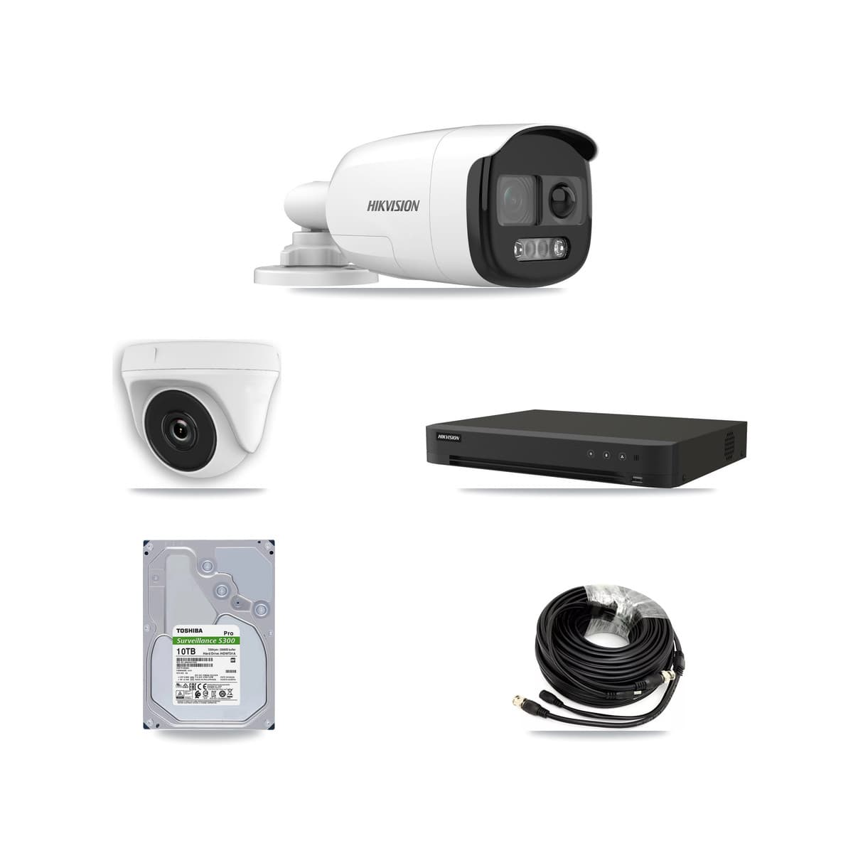 Hikvision 8-Channel 2MP – 5MP CCTV Kit — 7 DS-2CE12KF3T-PIRXO 5MP Bullet + 1 White HDT-2MP-N20W-2.8MM 2MP Dome Cameras + 10TB Recording (IDS-7208HUHI-M1/XT Recorder) - Image 1