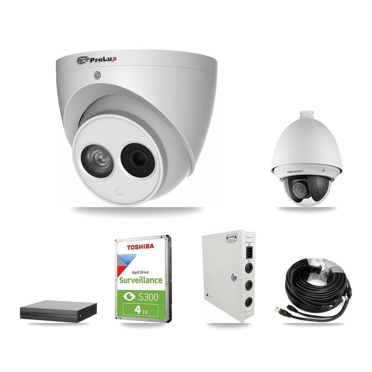Hikvision & Prolux 4-Channel 2MP – 4MP CCTV Kit — 1 DS-2AE4225T 2MP PTZ + 2 PXC-612C4W-A 4MP Turret Cameras + 4TB Recording (XVR-3104HS Recorder) - Image 1