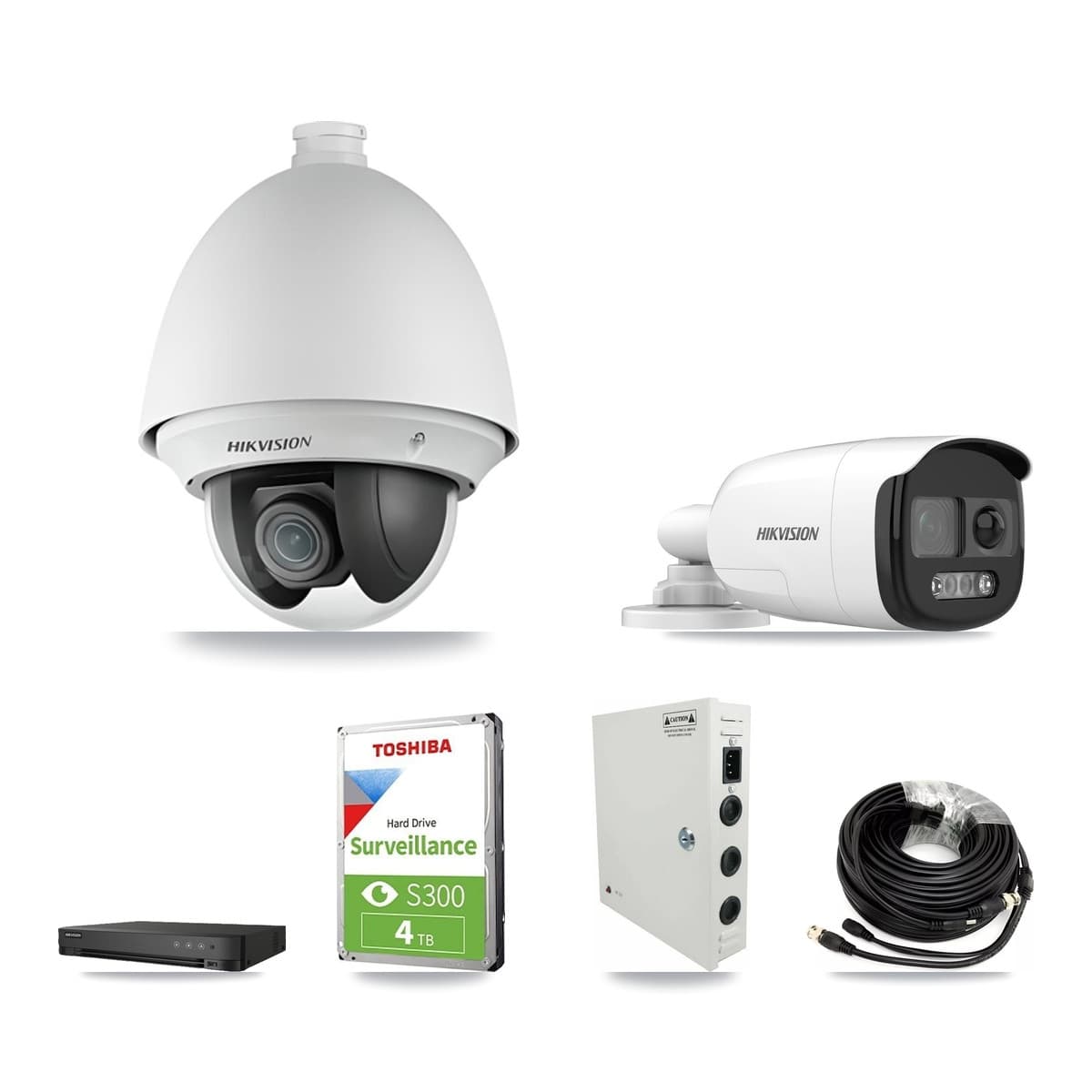 Hikvision 8-Channel 2MP – 5MP CCTV Kit — 2 DS-2AE4225T-A 2MP PTZ + 2 DS-2CE12KF3T-PIRXO 5MP Bullet Cameras + 4TB Recording (IDS-7208HUHI-M1/E Recorder) - Image 1