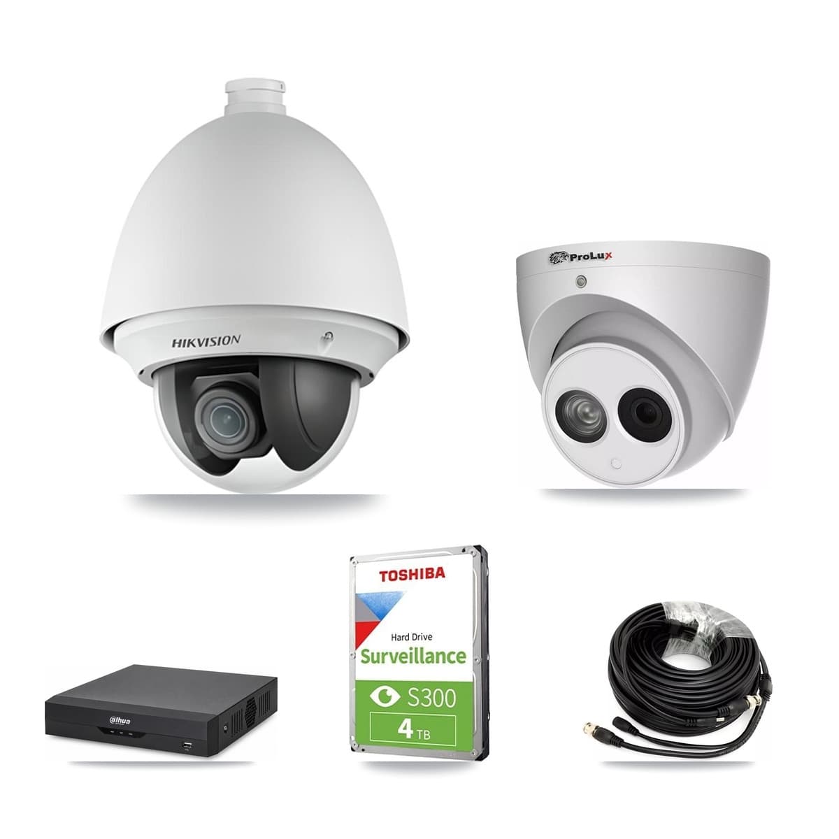 4-Channel 2MP – 4MP CCTV Kit — 1 2MP PTZ + 1 4MP Turret Cameras + 4TB Recording (DH-XVR5104HS Recorder) - Image 1