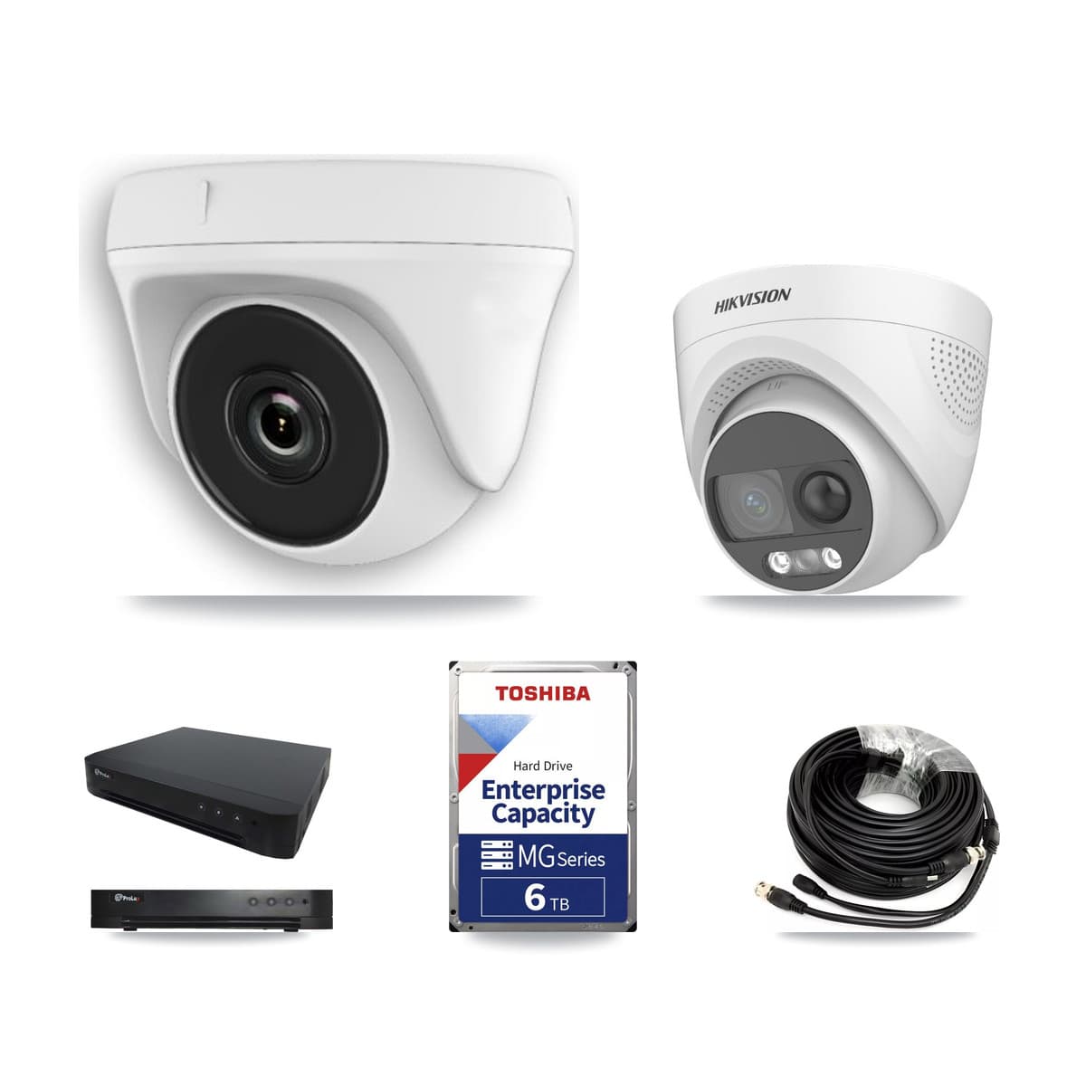 Hikvision & Prolux 16-Channel 2MP – 5MP CCTV Kit — 2 DS-2CE72KF3T 5MP Turret + 5 White HDT-2MP-N20W 2MP Dome Cameras + 6TB Recording - Image 1