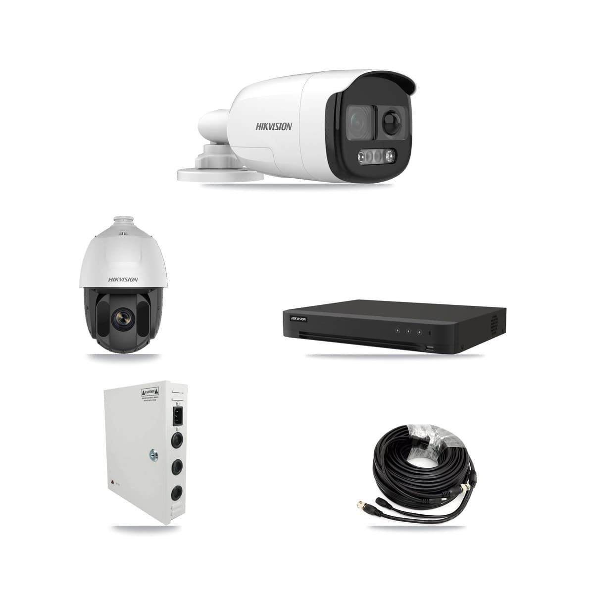 Hikvision 8-Channel 2MP – 5MP CCTV Kit — 1 DS-2AE5225TI-A-E 2MP PTZ + 6 DS-2CE12KF3T-PIRXO 5MP Bullet Cameras + 8TB Recording (IDS-7208HUHI-M1/XT Recorder) - Image 1