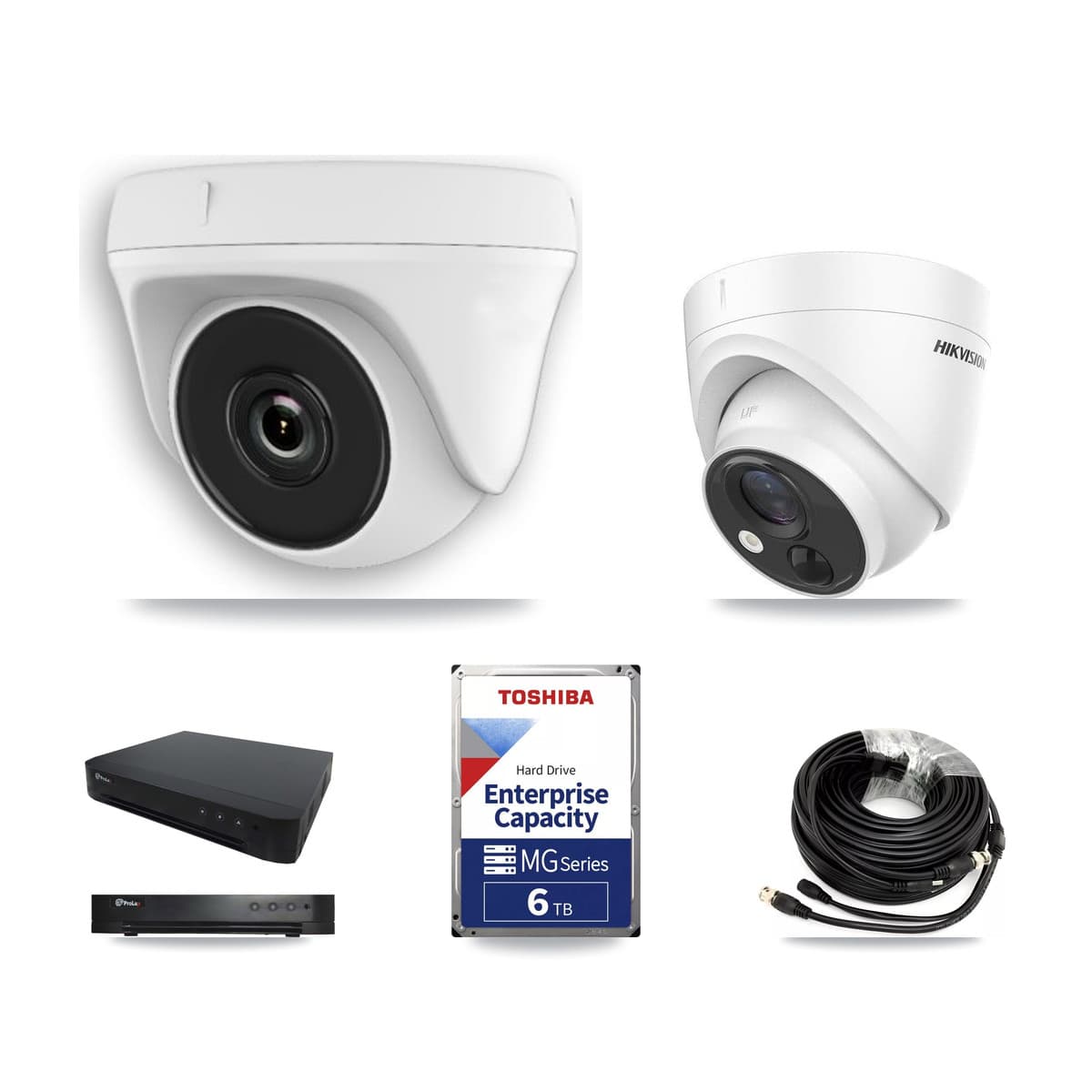 Hikvision & Prolux 16-Channel 2MP – 5MP CCTV Kit — 2 DS-2CE71H0T 5MP Turret + 5 White HDT-2MP-N20W 2MP Dome Cameras + 6TB Recording - Image 1