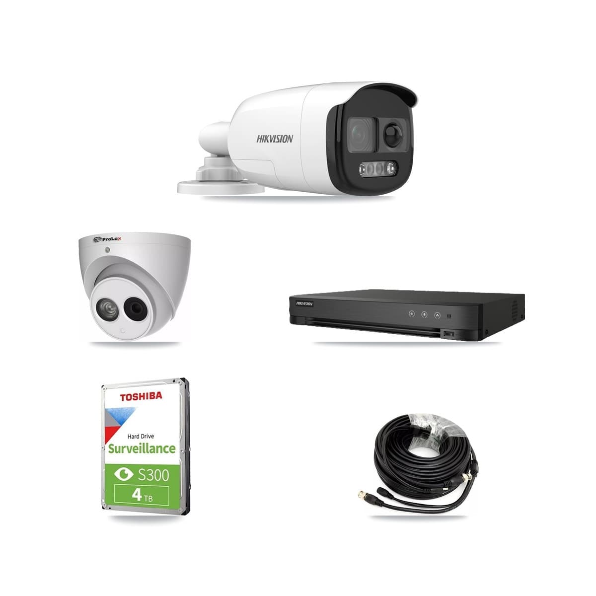 Hikvision & Prolux 8-Channel 4MP – 5MP CCTV Kit — 2 DS-2CE12KF3T-PIRXO 5MP Bullet + 1 PXC-612C4W-A-POC 4MP Turret Cameras + 4TB Recording (IDS-7208HUHI-M1/E Recorder) - Image 1