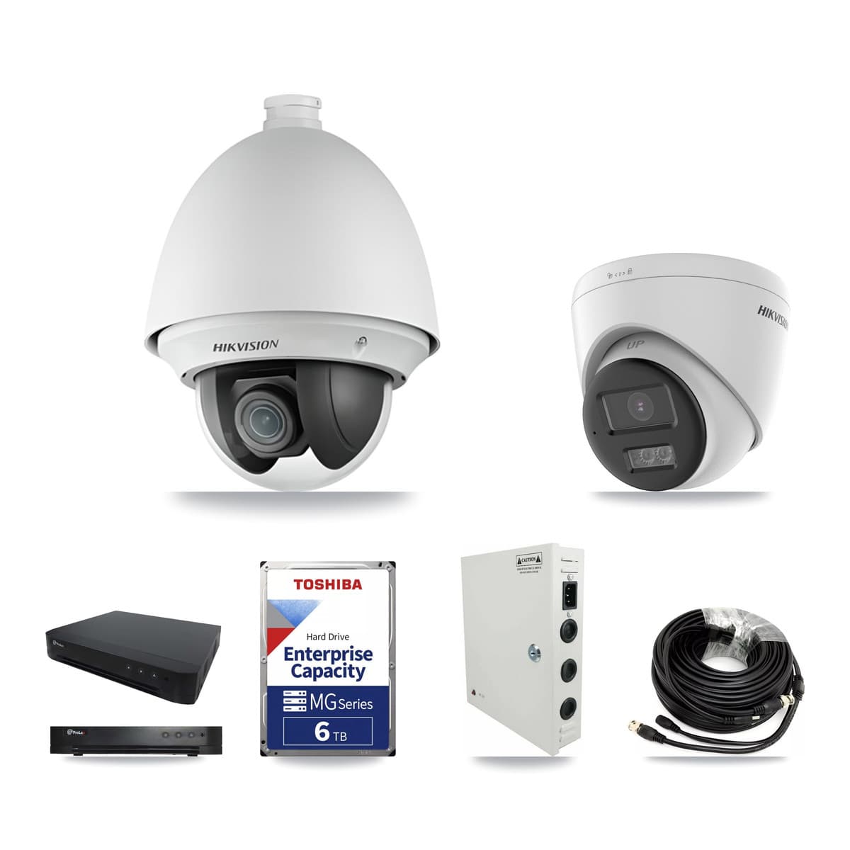 Hikvision & Prolux 16-Channel 2MP – 5MP CCTV Kit — 3 DS-2AE4225T-A 2MP PTZ + 3 DS-2CE78K0T-LTS 5MP Turret Cameras + 6TB Recording (PXD-8216-HYK4MP Recorder) - Image 1