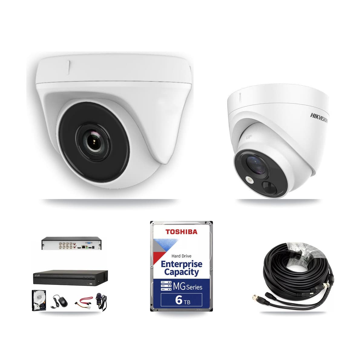 Hikvision & Dahua 8-Channel 2MP – 5MP CCTV Kit — 2 DS-2CE71H0T 5MP Turret + 5 White HDT-2MP-N20W 2MP Dome Cameras + 6TB Recording (XVR-3108AD Recorder) - Image 1