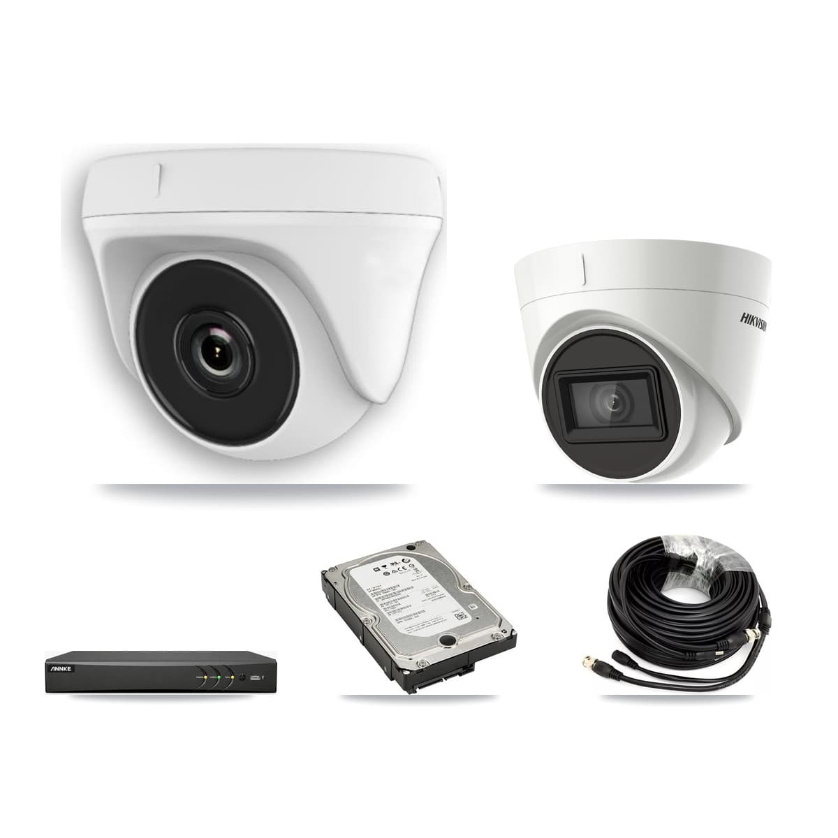 Hikvision & ANNKE 4-Channel 2MP – 4K CCTV Kit — 1 DS-2CE78U1T 4K Turret + 3 White HDT-2MP-N20W 2MP Dome Cameras + 5TB Recording