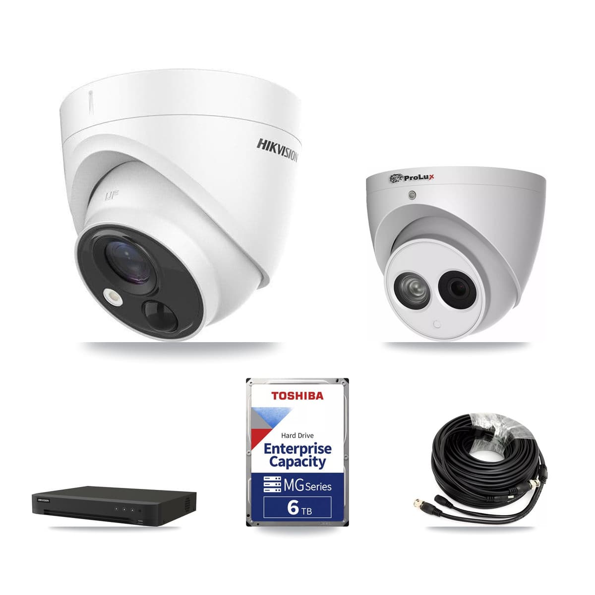 Hikvision & Prolux 16-Channel 4MP – 5MP CCTV Kit — 4 DS-2CE71H0T 5MP + 1 PXC-612C4W-A 4MP Turret Cameras + 6TB Recording (IDS-7216HQHI Recorder) - Image 1