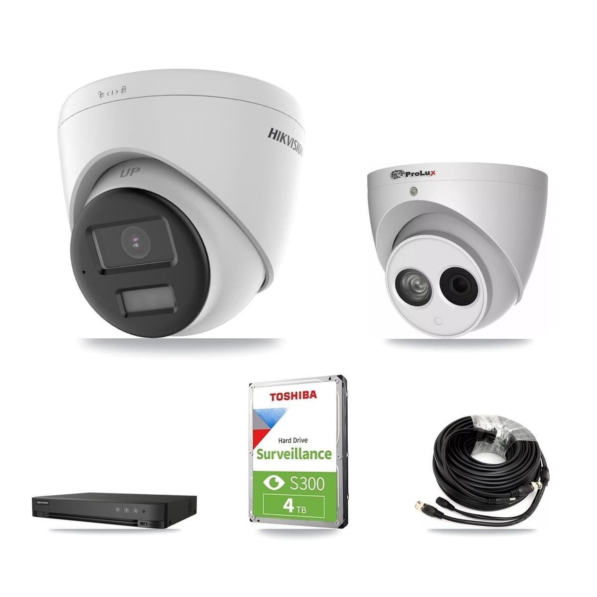 Hikvision & Prolux 4-Channel 4MP – 4K CCTV Kit — 1 DS-2CE78U0T 4K + 1 PXC-612C4W-A 4MP Turret Cameras + 4TB Recording (IDS-7204HUHI Recorder)