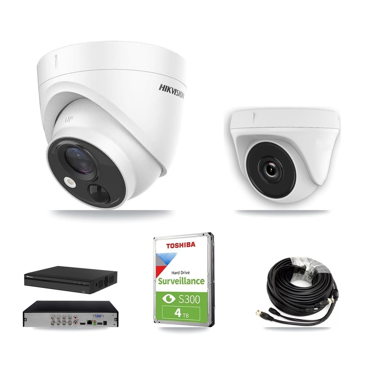 Hikvision & Prolux 8-Channel 2MP – 5MP CCTV Kit — 2 DS-2CE71H0T 5MP Turret + 2 White HDT-2MP-N20W 2MP Dome Cameras + 4TB Recording (PXD-5108HS Recorder) - Image 1