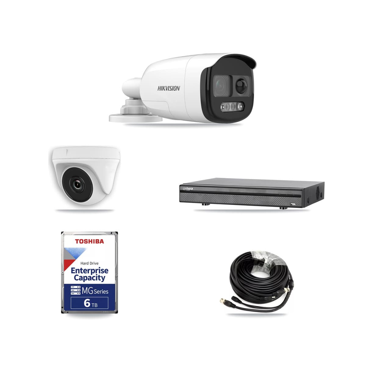 Hikvision & Dahua 8-Channel 2MP – 5MP CCTV Kit — 3 DS-2CE12KF3T 5MP Bullet + 3 White HDT-2MP-N20W 2MP Dome Cameras + 6TB Recording (DH-XVR5108H Recorder) - Image 1