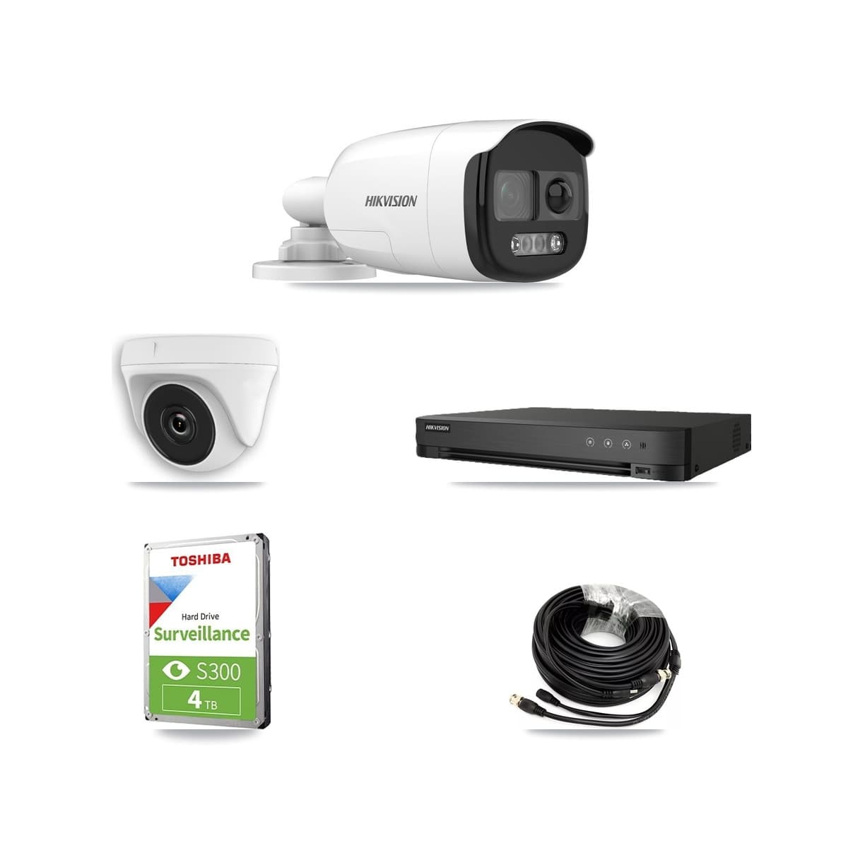 Hikvision 8-Channel 2MP – 5MP CCTV Kit — 1 DS-2CE12KF3T-PIRXO 5MP Bullet + 1 White HDT-2MP-N20W-2.8MM 2MP Dome Cameras + 4TB Recording (IDS-7208HUHI-M1/E Recorder) - Image 1