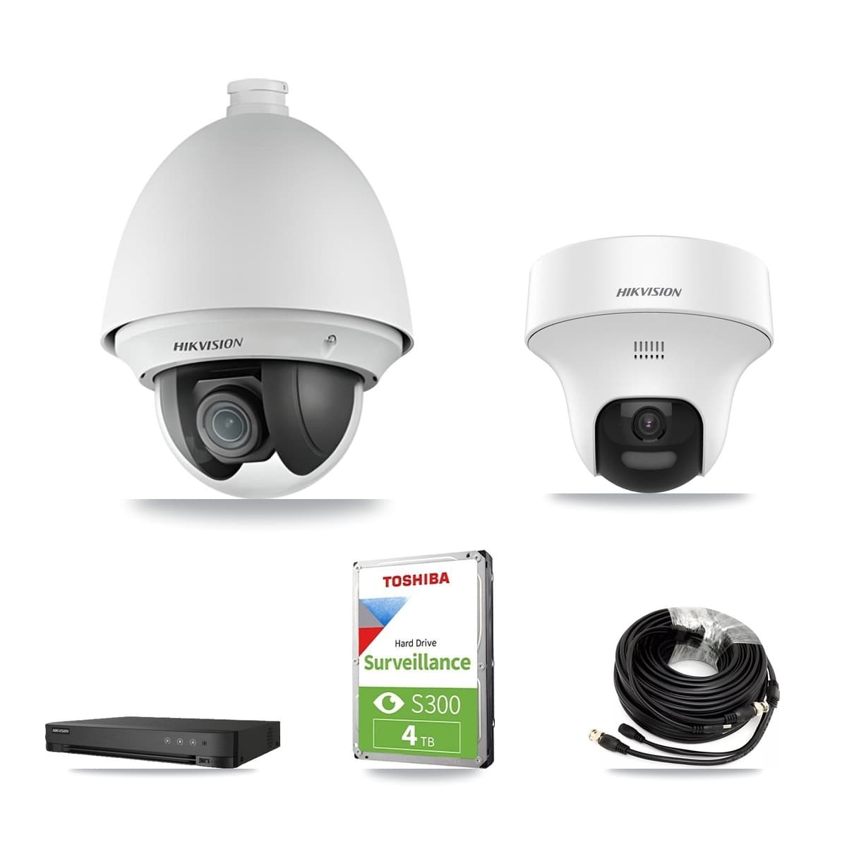 Hikvision 8-Channel 2MP – 5MP CCTV Kit — 1 DS-2AE4225T-A 2MP PTZ + 1 DS-2CE70K0T-PTLTS 5MP Turret Cameras + 4TB Recording (IDS-7208HUHI-M1/E Recorder) - Image 1