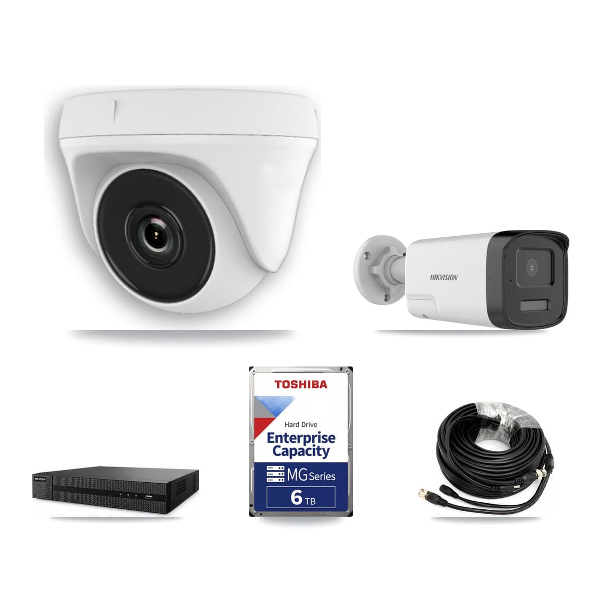 Hikvision 8-Channel 2MP – 5MP CCTV Kit — 1 DS-2CE17K0T 5MP Bullet + 3 White HDT-2MP-N20W 2MP Dome Cameras + 6TB Recording - Image 1