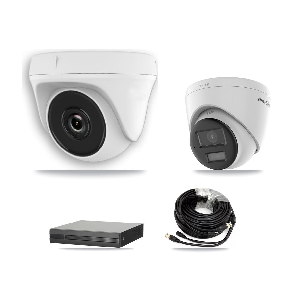 Hikvision 4-Channel 2MP – 5MP CCTV Kit — 1 DS-2CE78K0T-LPTS 5MP Turret + 3 White HDT-2MP-N20W-2.8MM 2MP Dome Cameras + 8TB Recording (XVR-3104HS-5MP-LITE Recorder)