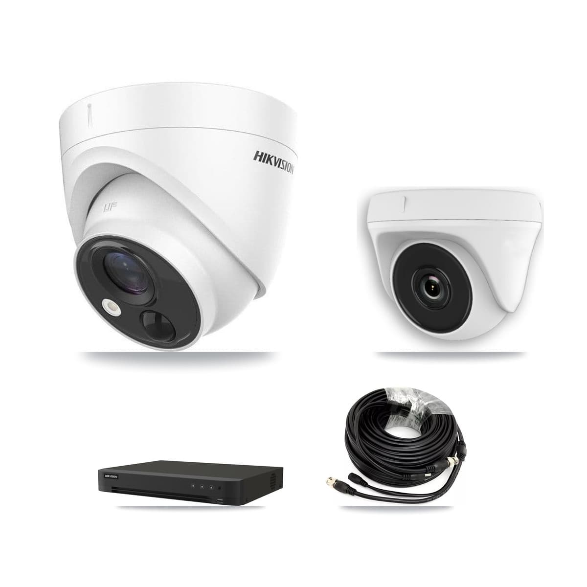 Hikvision 8-Channel 2MP – 5MP CCTV Kit — 4 DS-2CE71H0T-PIRLO 5MP Turret + 4 White HDT-2MP-N20W-2.8MM 2MP Dome Cameras + 8TB Recording (IDS-7208HUHI-M1/XT Recorder) - Image 1
