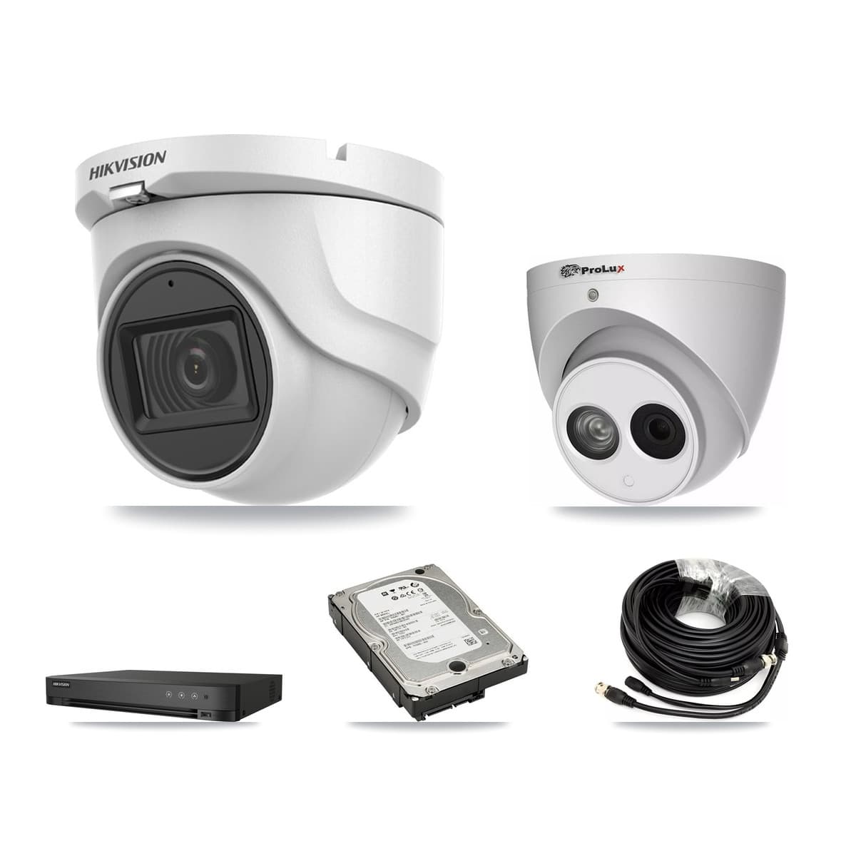 Hikvision & Prolux 4-Channel 4MP – 5MP CCTV Kit — 3 DS-2CE76H0T 5MP + 1 PXC-612C4W-A 4MP Turret Cameras + 5TB Recording