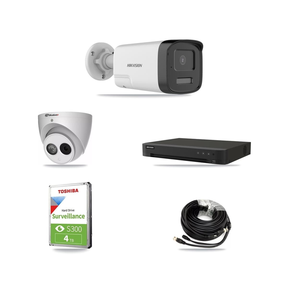 Hikvision & Prolux 8-Channel 4MP – 5MP CCTV Kit — 2 DS-2CE17K0T-LXTS 5MP Bullet + 1 PXC-612C4W-A-POC 4MP Turret Cameras + 4TB Recording (IDS-7208HUHI-M1/XT Recorder) - Image 1