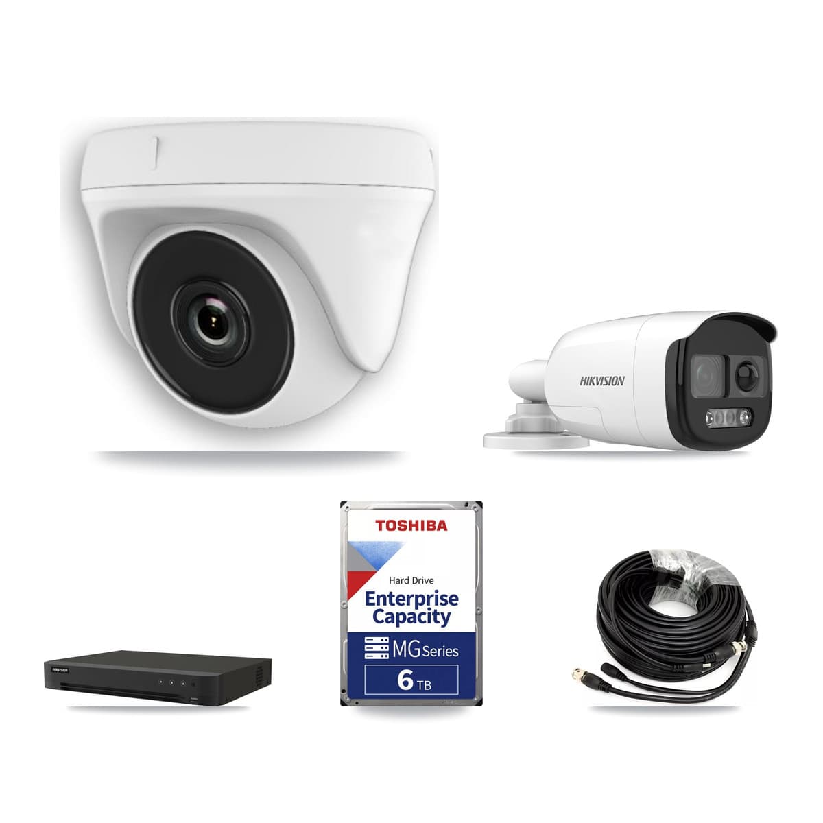Hikvision 16-Channel 2MP – 5MP CCTV Kit — 2 DS-2CE12KF3T 5MP Bullet + 5 White HDT-2MP-N20W 2MP Dome Cameras + 6TB Recording (IDS-7216HQHI Recorder)