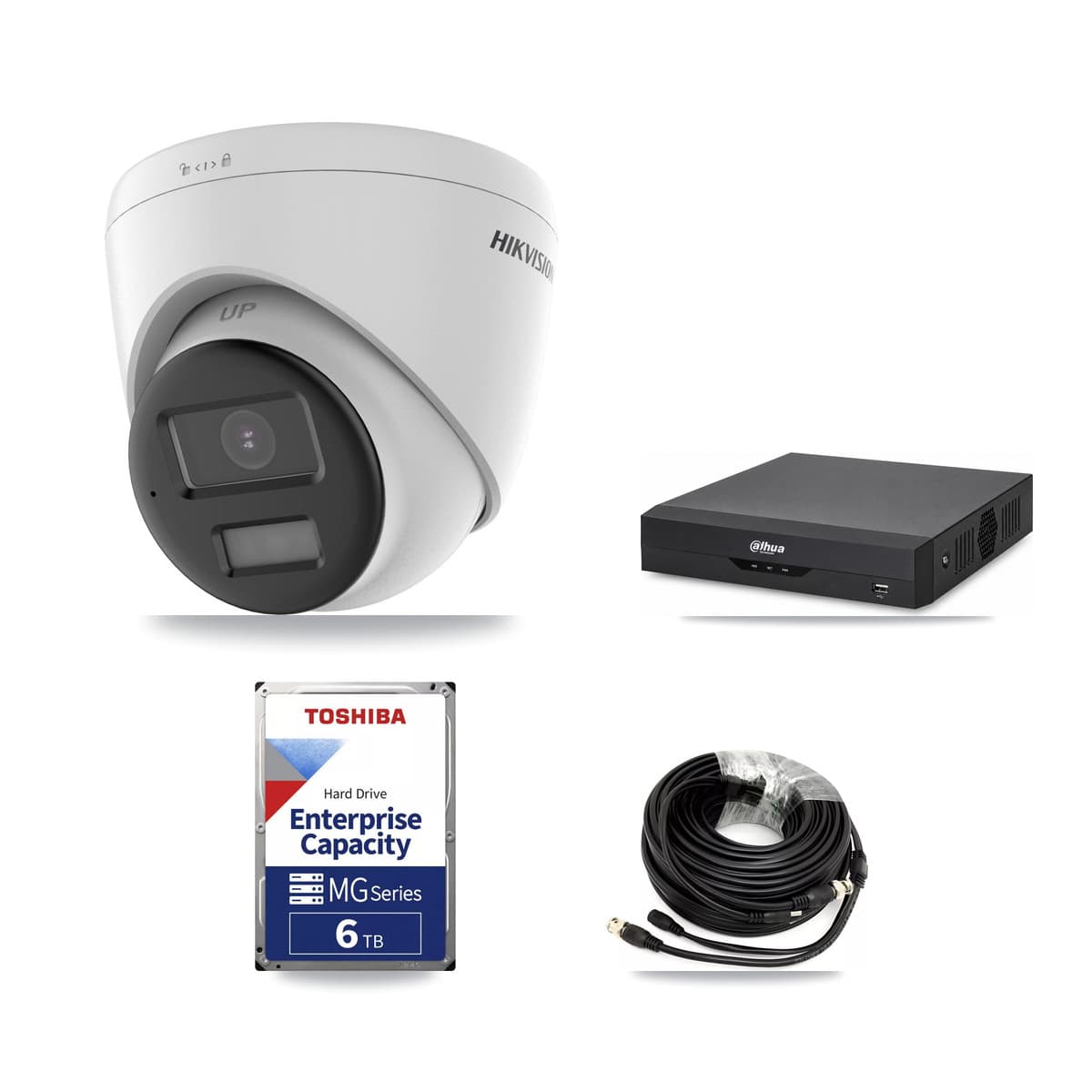 Hikvision & Dahua 4-Channel 5MP CCTV Kit — 2 DS-2CE78K0T-LPTS Turret Cameras + 6TB Recording (DH-XVR5104HS-4KL-I2 Recorder)