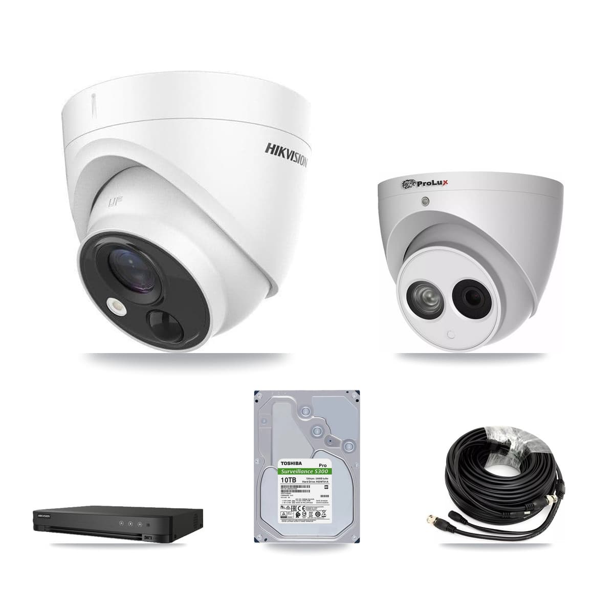 Hikvision & Prolux 8-Channel 4MP – 5MP CCTV Kit — 6 DS-2CE71H0T-PIRLO 5MP + 1 PXC-612C4W-A-POC 4MP Turret Cameras + 10TB Recording (IDS-7208HUHI-M1/E Recorder) - Image 1
