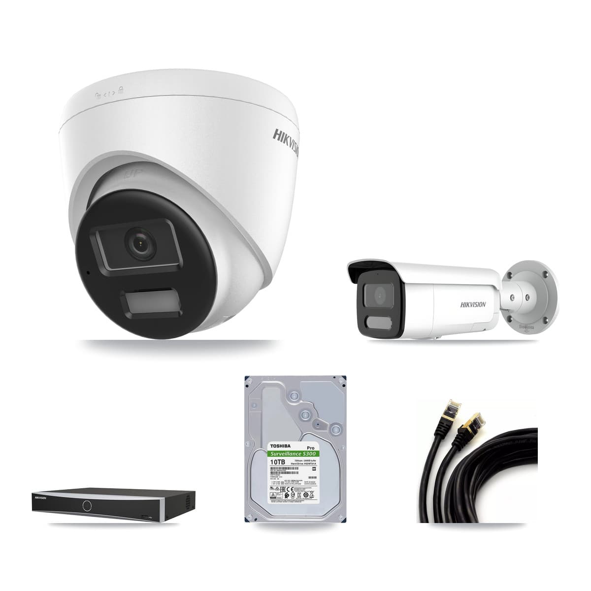 Hikvision 4-Channel 4MP – 4K CCTV Kit — 3 DS-2CD1383G2-LIU 4K Turret + 1 DS-2CD2T47G2H-LISU/SL 4MP Bullet Cameras + 10TB Recording (DS-7604NXI-K1/4P Recorder)