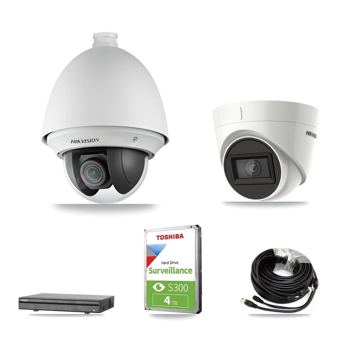 Hikvision & Dahua 8-Channel 2MP – 4K CCTV Kit — 1 DS-2AE4225T 2MP PTZ + 1 DS-2CE78U1T 4K Turret Cameras + 4TB Recording (DH-XVR5108H Recorder) - Image 1