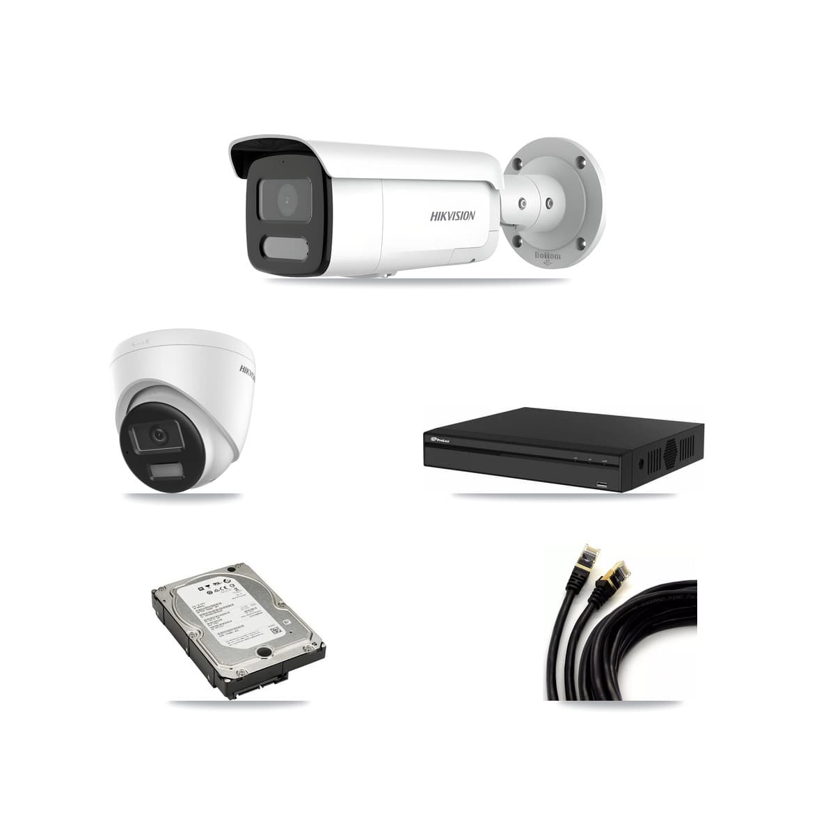 Hikvision & Prolux 4-Channel 4MP – 4K CCTV Kit — 1 DS-2CD1383G2-LIU 4K Turret + 2 DS-2CD2T47G2H-LISU/SL 4MP Bullet Cameras + 5TB Recording (PXN-2104HS-4P-4K Recorder)