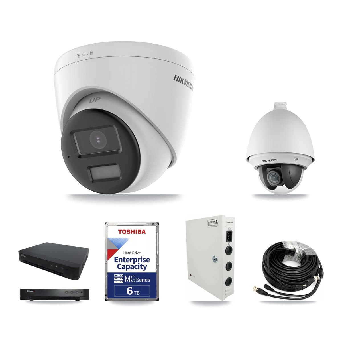 Hikvision & Prolux 16-Channel 2MP – 5MP CCTV Kit — 1 DS-2AE4225T-A 2MP PTZ + 4 DS-2CE78K0T-LPTS 5MP Turret Cameras + 6TB Recording (PXD-8216-HYK4MP Recorder) - Image 1