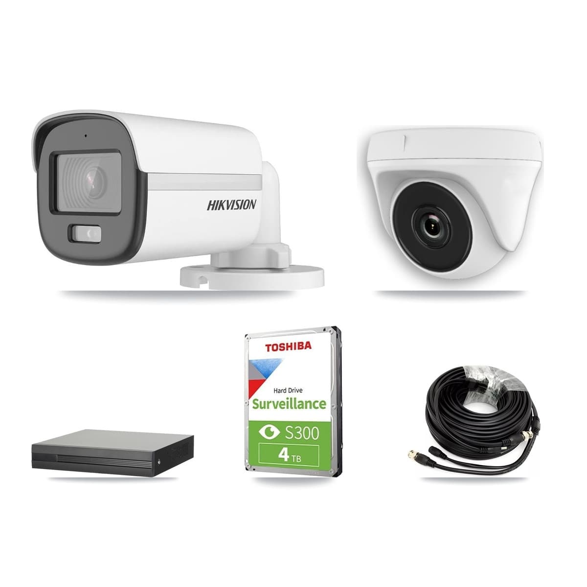 Hikvision 8-Channel 2MP – 5MP CCTV Kit — 2 DS-2CE12KF0T 5MP Bullet + 2 White HDT-2MP-N20W 2MP Dome Cameras + 4TB Recording (XVR-3108HS Recorder) - Image 1