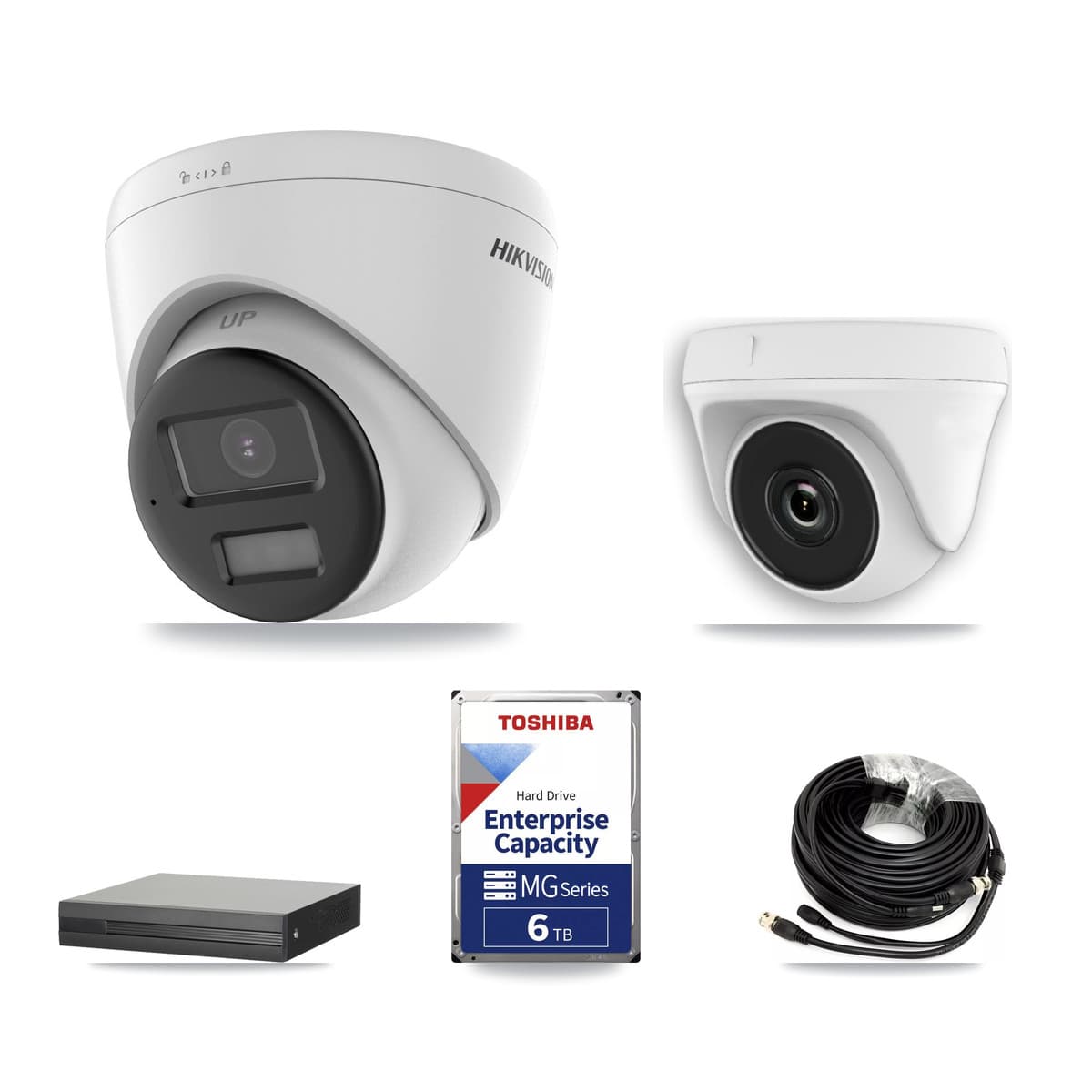 Hikvision 8-Channel 2MP – 5MP CCTV Kit — 3 DS-2CE78K0T-LPTS 5MP Turret + 3 White HDT-2MP-N20W-2.8MM 2MP Dome Cameras + 6TB Recording (XVR-3108HS-5MP-LITE Recorder)