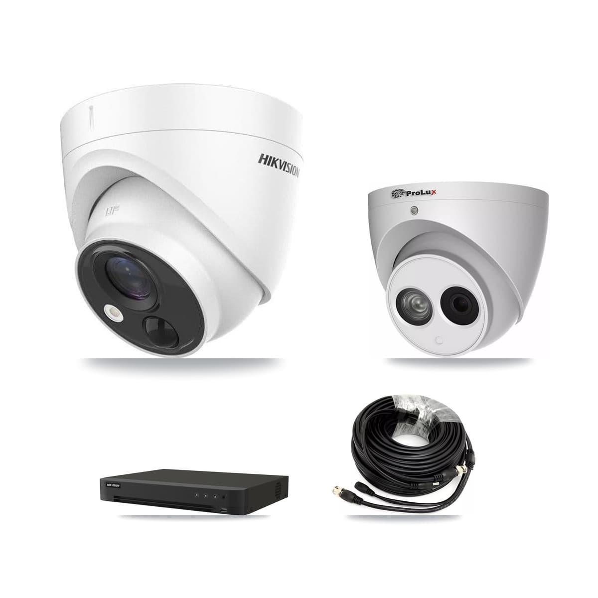 Hikvision & Prolux 8-Channel 4MP – 5MP CCTV Kit — 5 DS-2CE71H0T-PIRLO 5MP + 1 PXC-612C4W-A-POC 4MP Turret Cameras + 8TB Recording (IDS-7208HUHI-M1/XT Recorder) - Image 1