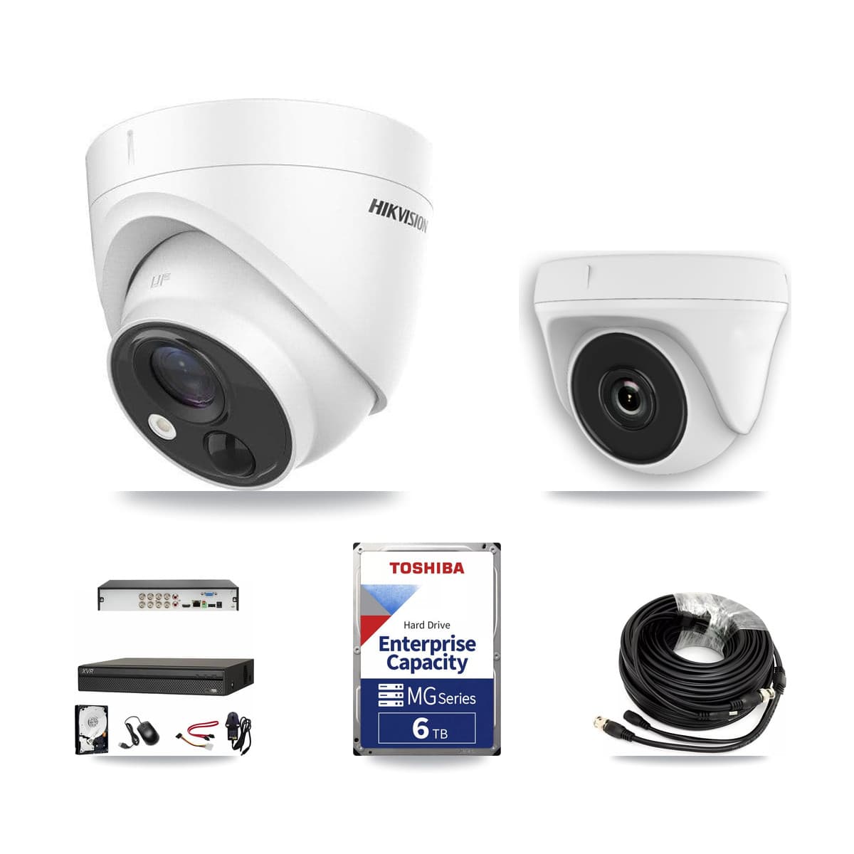 Hikvision & Dahua 8-Channel 2MP – 5MP CCTV Kit — 3 DS-2CE71H0T 5MP Turret + 3 White HDT-2MP-N20W 2MP Dome Cameras + 6TB Recording (XVR-3108AD Recorder) - Image 1
