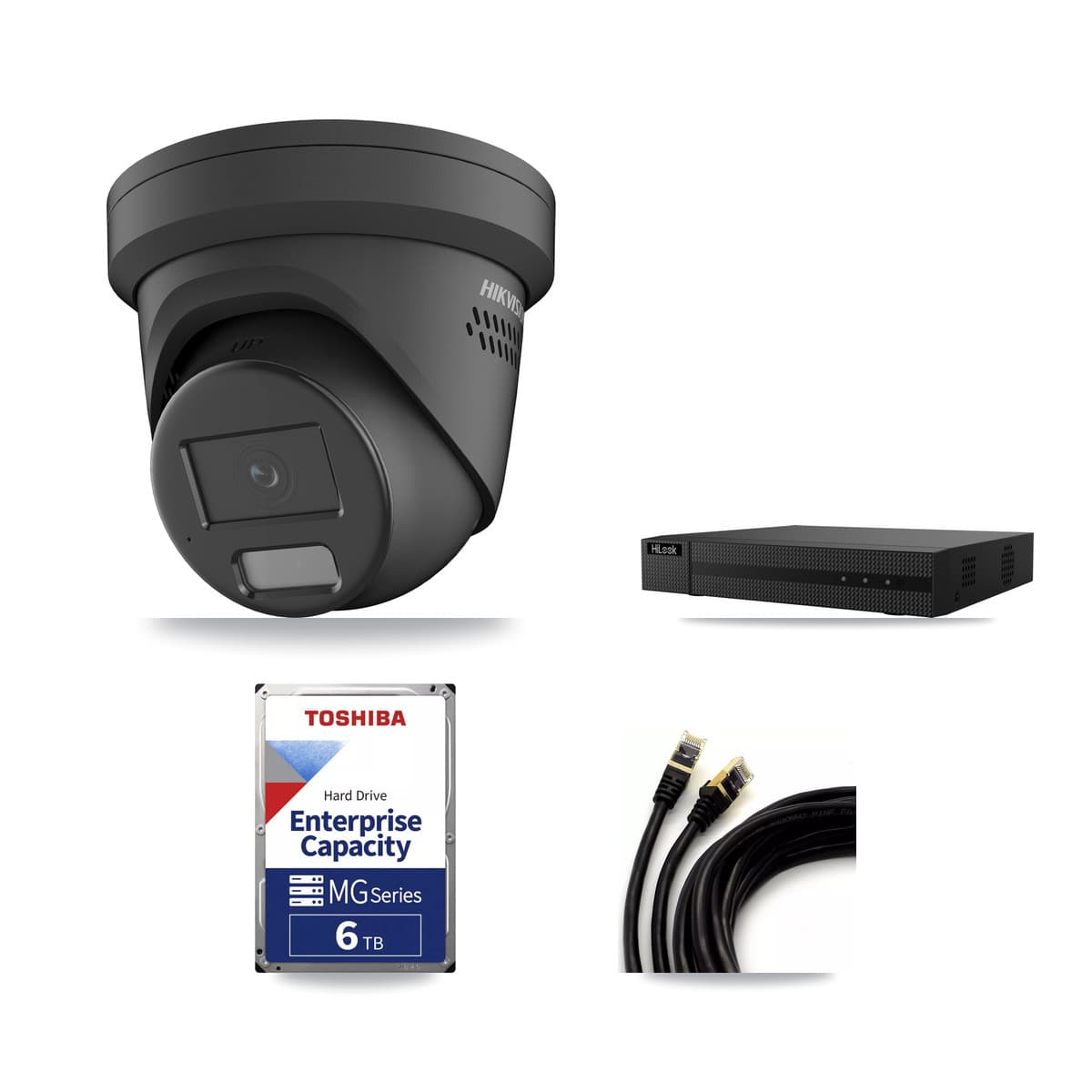 Hikvision & HiLook 8-Channel 4MP CCTV Kit — 6 Black Turret Cameras + 6TB Recording (NVR-108MH-D Recorder)