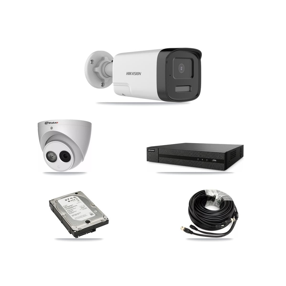 Hikvision & Prolux 8-Channel 4MP – 5MP CCTV Kit — 3 DS-2CE17K0T 5MP Bullet + 1 PXC-612C4W-A 4MP Turret Cameras + 5TB Recording (DVR-8CH Recorder) - Image 1